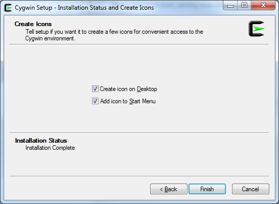 Installing menu. Setup installer. Cygwin menu. Installation is complete. Cygwin c++.